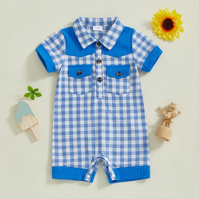Adorable Infant Plaid Romper with Short Sleeves Lapel Collar and Button Front Closure - Perfect for Baby Boys and Girls this