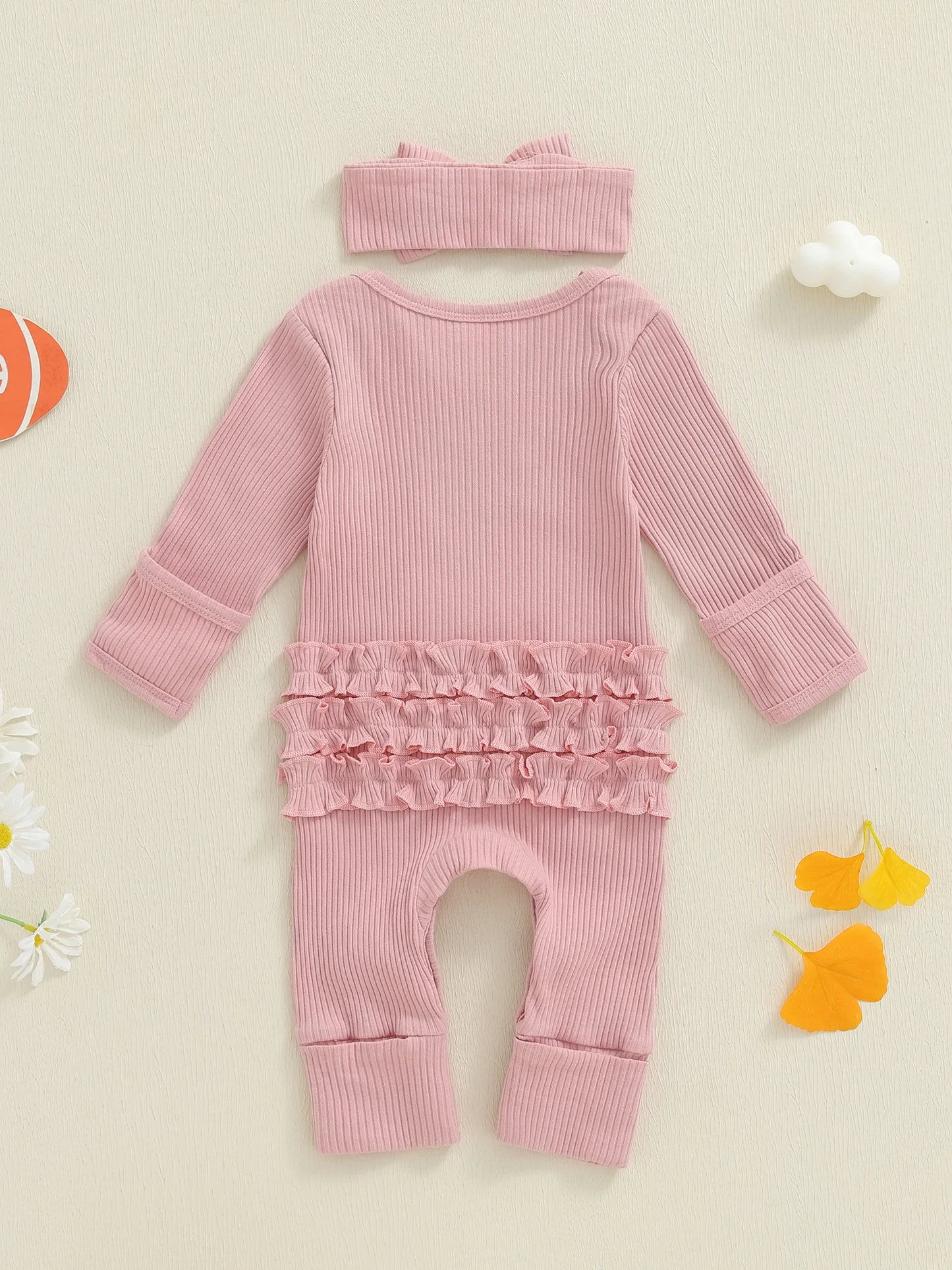 Adorable Infant Girl Bodysuit with Cute Bunny Print and Matching Bow Headband - Cozy  Outfit for Autumn