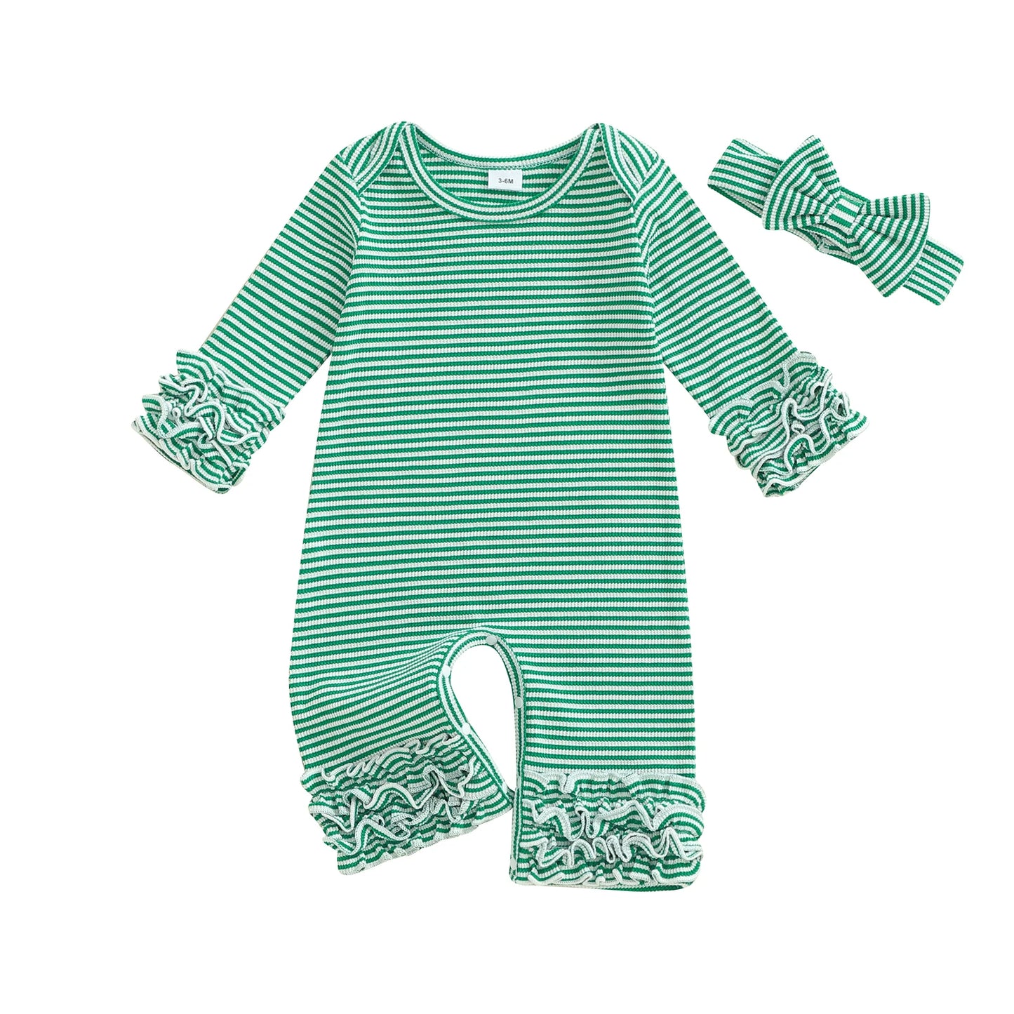 Adorable Baby Girls 2 Piece Set Stylish Long Sleeve Striped Romper with Matching Bow Headband for a Complete Look