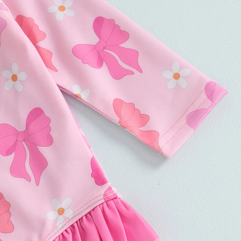 Adorable Baby Girl Floral Print Swimsuit Long Sleeve Zipper Rash Guard Bathing Suit with Ruffle Detail  Swimwear