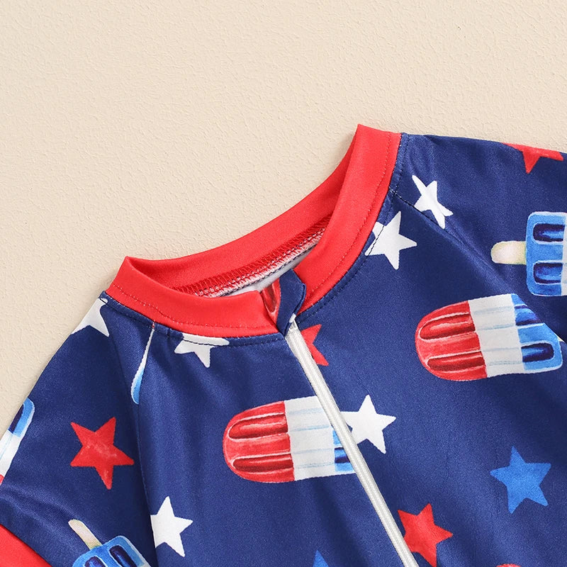 Independence Day Infant Boys Romper American Flag Print Short Sleeve Bodysuit Front Zipper Patriotic Jumpsuit Summer Outfit