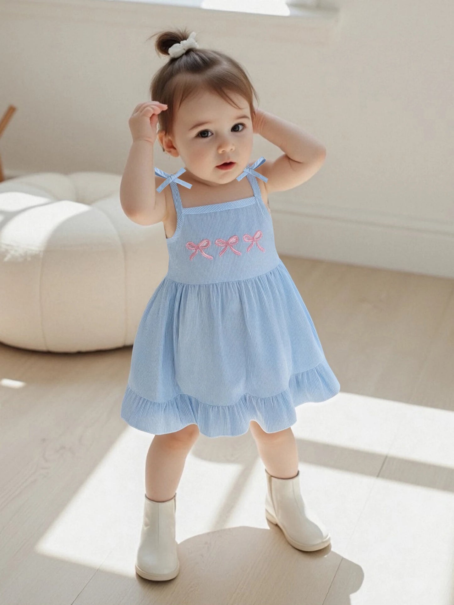 Adorable Baby Girls Floral Print Ruffle Sleeveless Dress Toddler Summer Princess Party Dress with Bow Detail