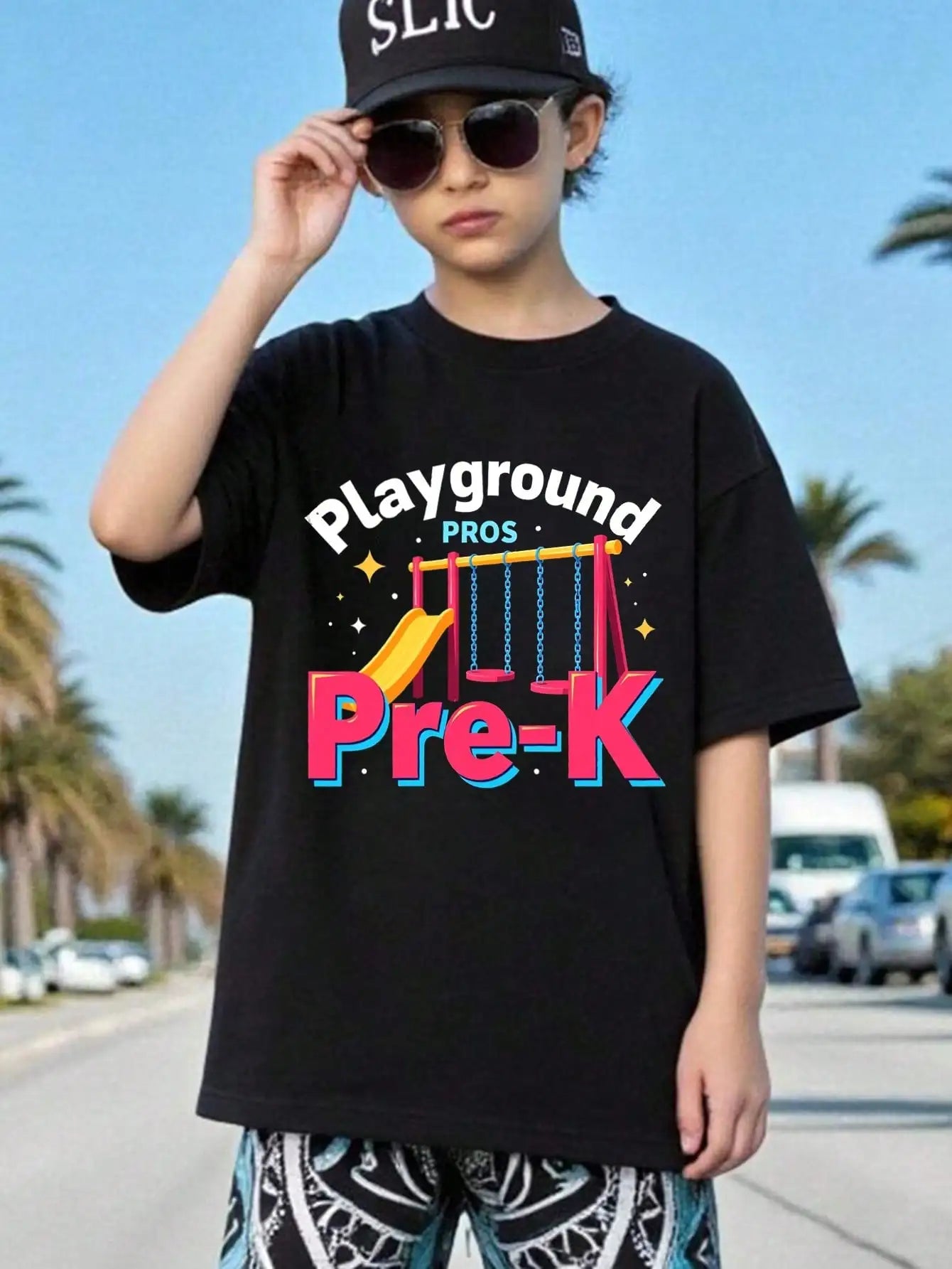 Boys/Girls Playground Back To School Cotton Graphic Tees, Black Casual Summer Tops With Playground Theme