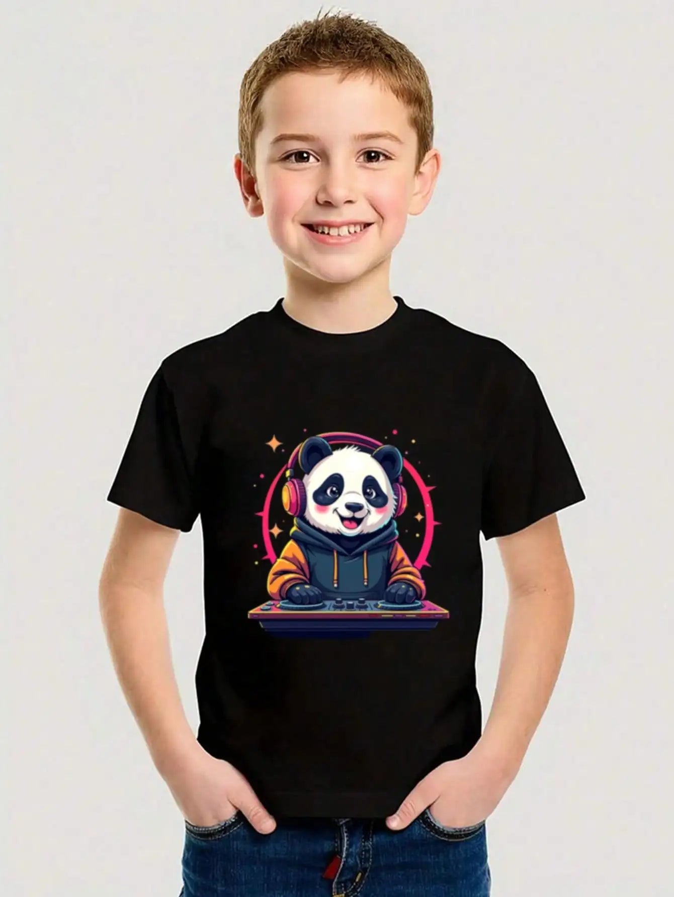 Boys/Girls Summer DJ Panda Cotton Graphic Tees, Black Casual Style Summer Tops With Headphones And Turntable