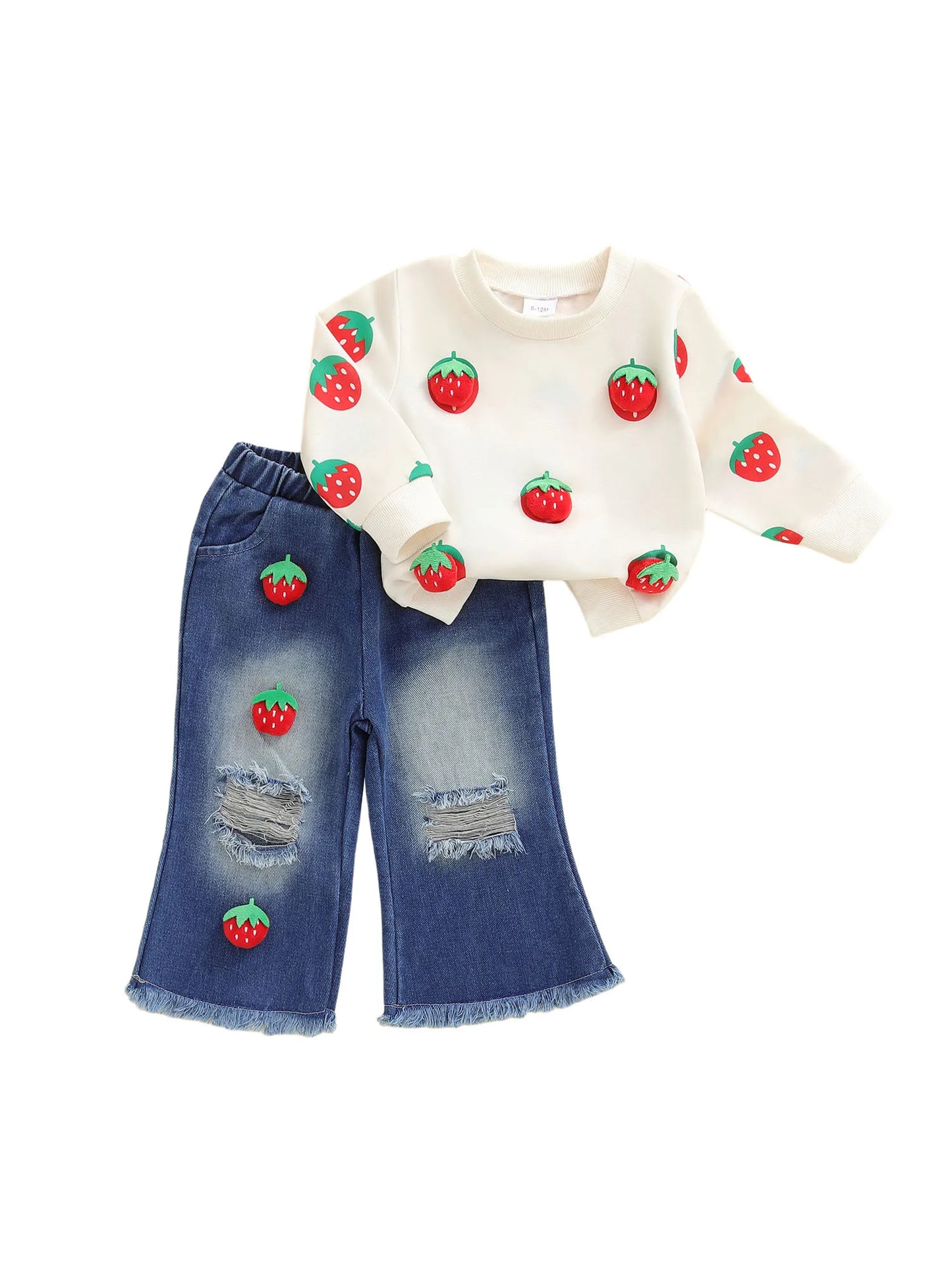 Cute Baby Girl Autumn Clothes 3D Watermelon Print Sweater Distressed Jeans Outfit Set for Toddler Girls