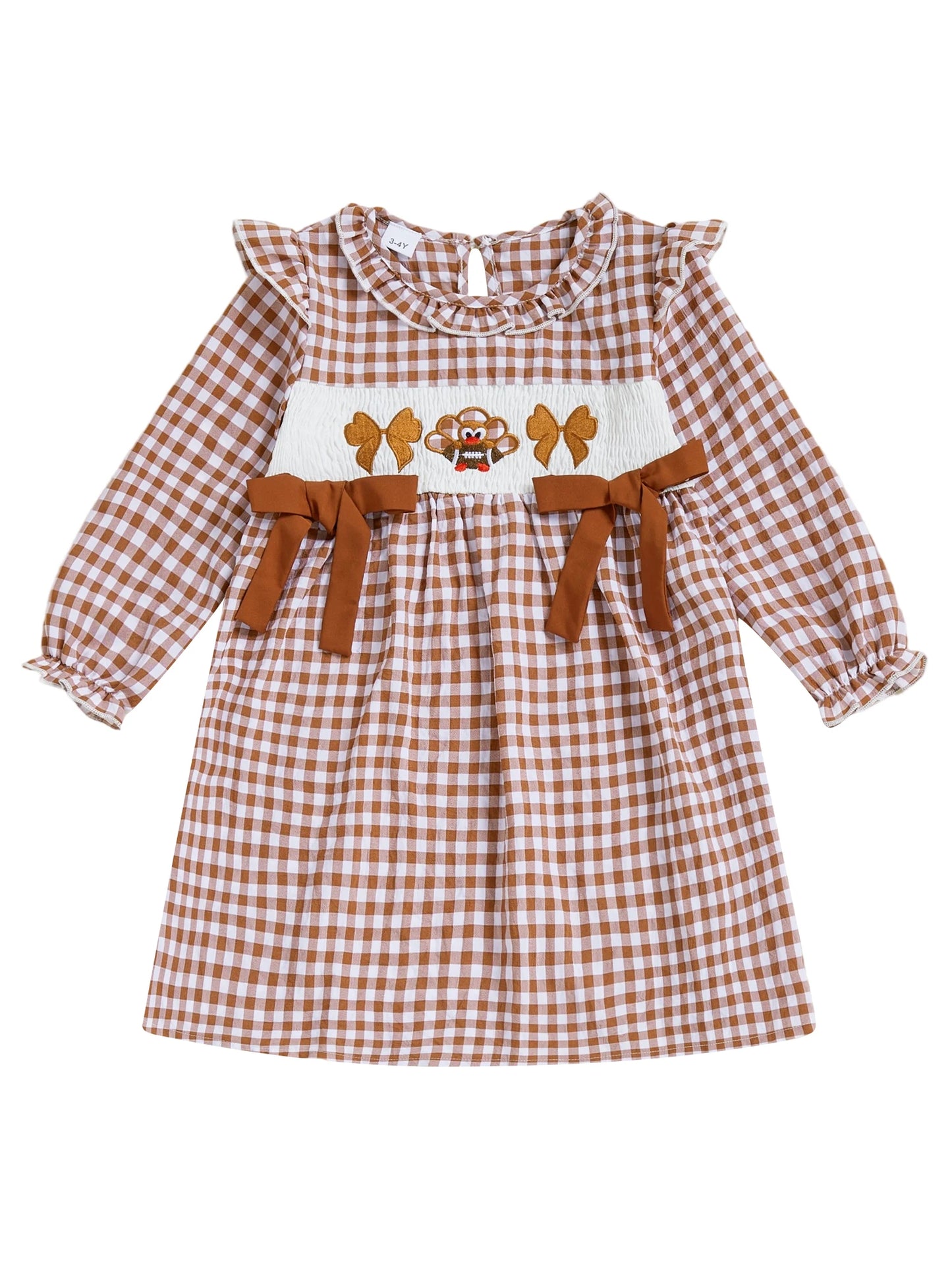 Girls Long Sleeve Crew Neck Plaid Embroidery Turkey Fall Dress Thanksgiving Outfit for Kids Autumn Clothing