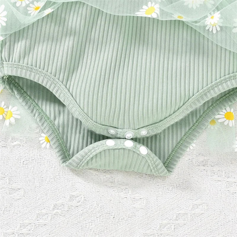 Infant Girls Floral Romper Set with Matching Headband Short Sleeve Mesh Skirt Jumpsuit Summer Outfit for Baby Girl