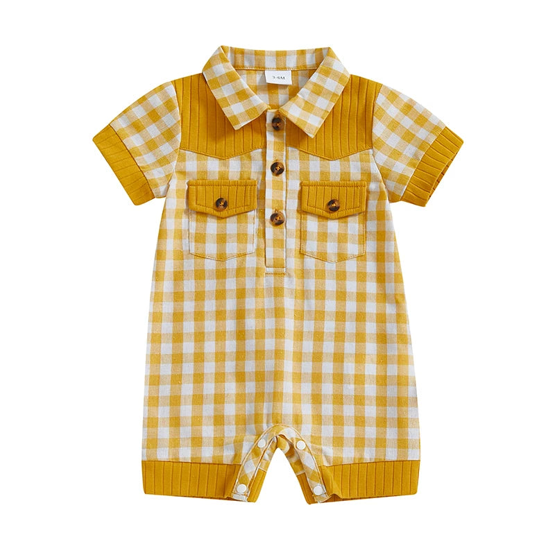 Adorable Infant Plaid Romper with Short Sleeves Lapel Collar and Button Front Closure - Perfect for Baby Boys and Girls this