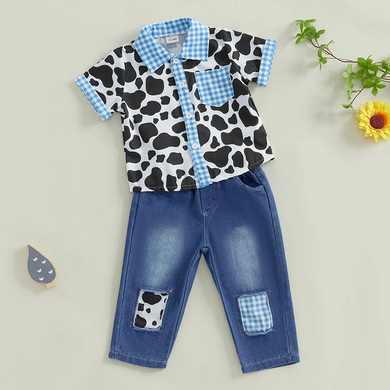 Toddler Boys Casual Outfit Dinosaur Print Short Sleeve T-Shirt and Denim Shorts Set Summer Clothes for Kids