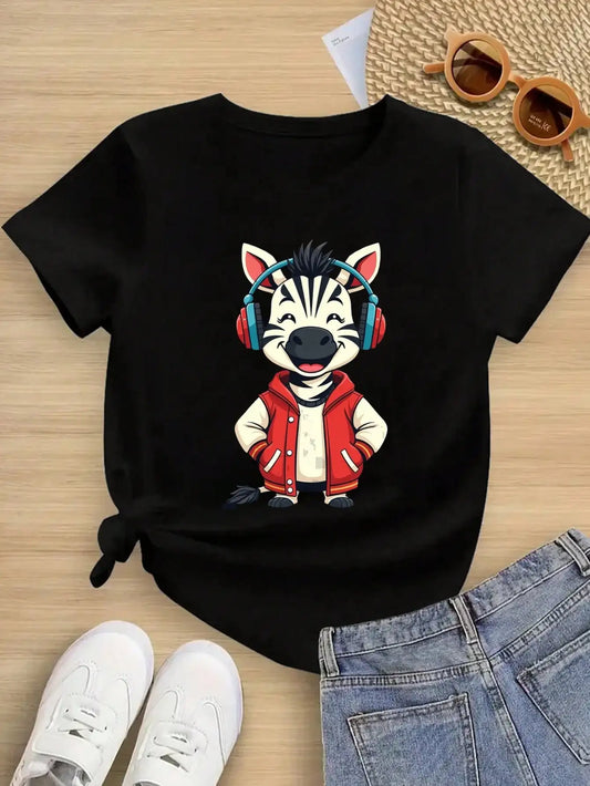 Boys/Girls Summer Cartoon Zebra Cotton Graphic Tees, Black Casual Style Summer Tops With Cool Zebra Prints