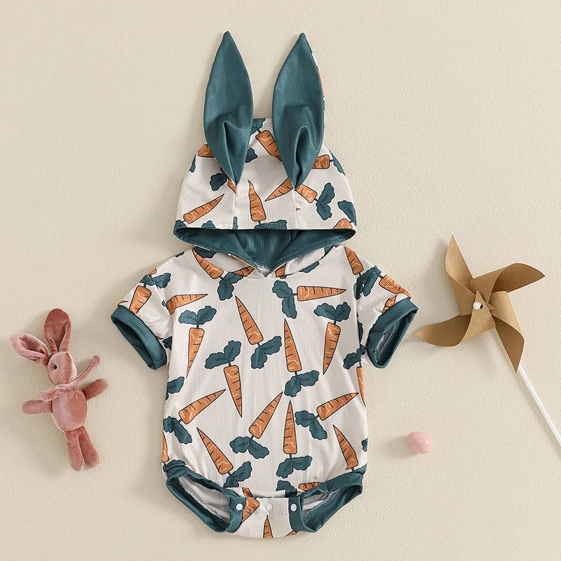 Cute Cartoon Animal Print Short Sleeve Romper with Hooded Ears for Infant Boys and Girls Summer Jumpsuit Easter Outfit