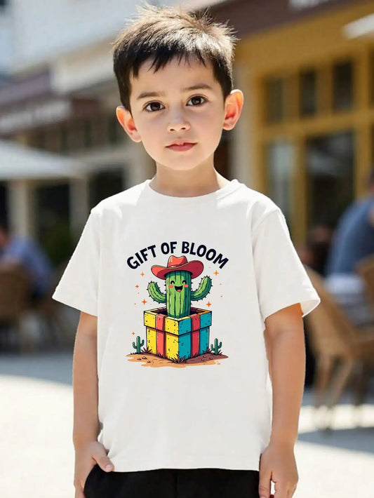 Tween Girls/Boys Clothes, "Gift Of Bloom" Cotton T-Shirt, White Casual Tee With Cute Cactus In A Gift Box