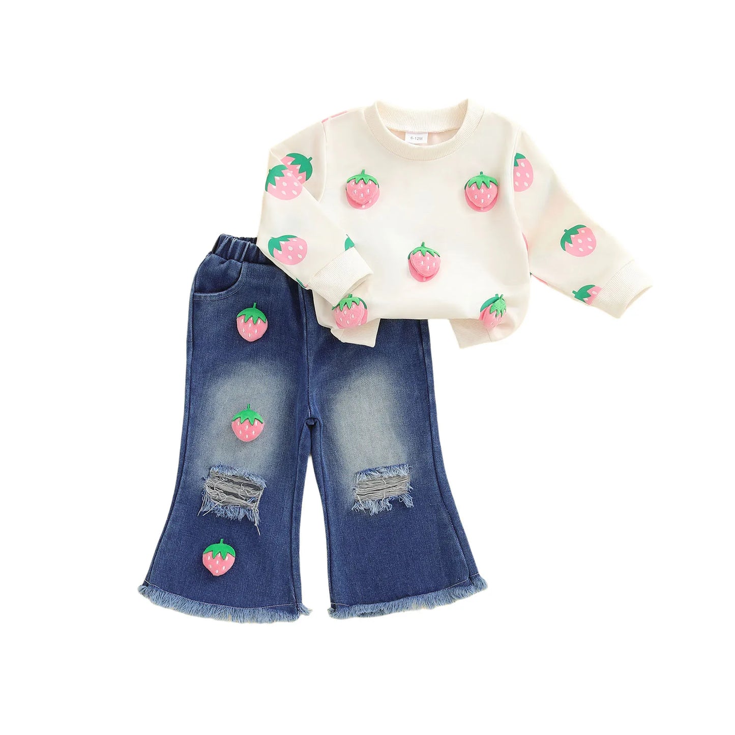 Cute Baby Girl Autumn Clothes 3D Watermelon Print Sweater Distressed Jeans Outfit Set for Toddler Girls