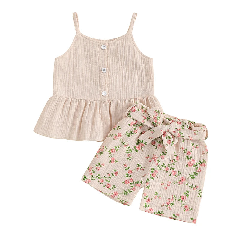 Adorable Baby Girl Sleeveless Top and Shorts Set with Cute Bow Detail and Vibrant Floral Print Perfect for Summer Fun