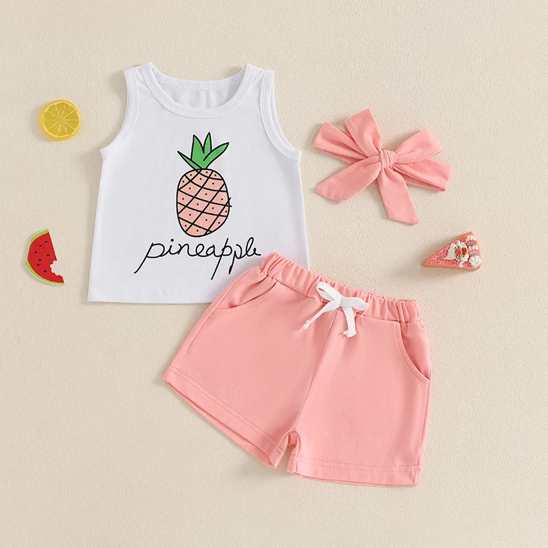 Adorable Infant Girl Tropical Print Sleeveless Top Elastic Waist Shorts Matching Headband 3 Piece Outfit Set for Summer