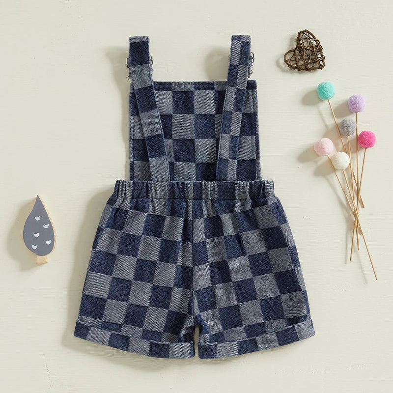 Infant Plaid Print Sleeveless Square Neck Overalls Suspender Shorts Romper for Baby Boys and Girls Toddler