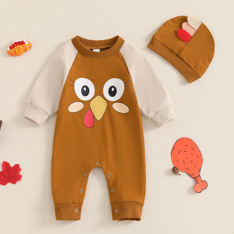 Thanksgiving Baby Boy Girl Outfit Adorable Turkey Print Round Neck Long Sleeve Romper Hat Set for Fall Celebration
