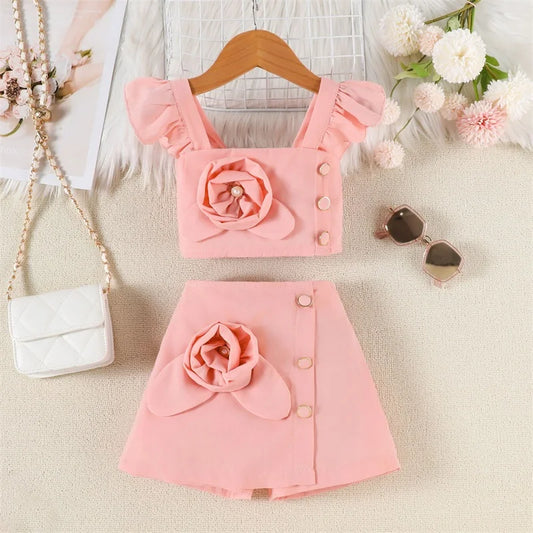 Adorable Baby Girl Summer Ensemble Flutter Sleeve Square Neck Top with 3D Floral Detailing and Matching A-Line Skirt - 2 Piece