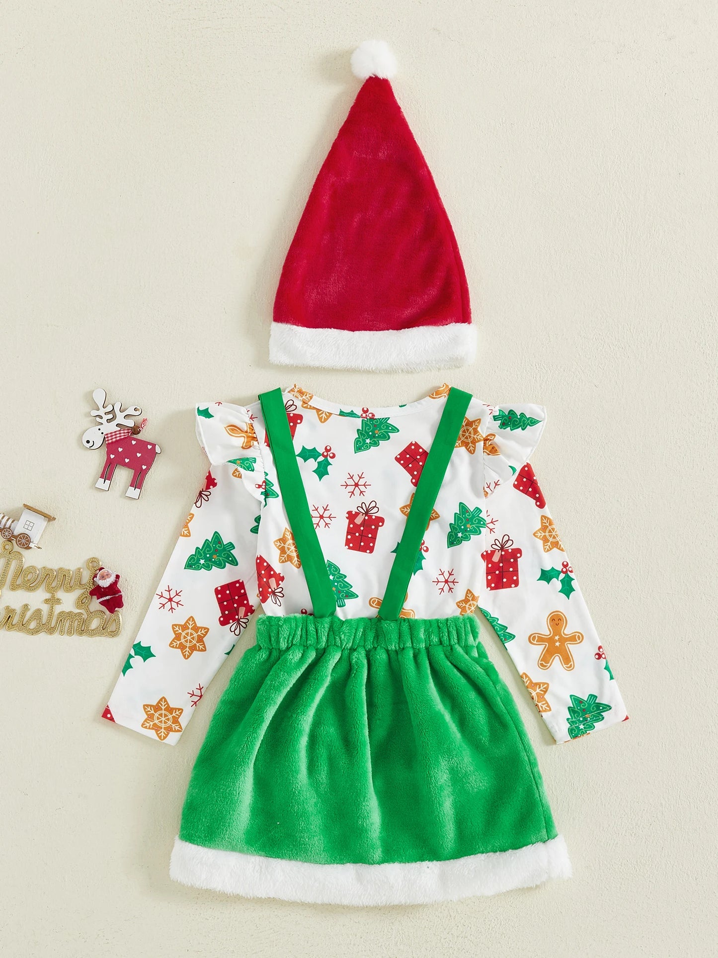 Girls Christmas Outfit Festive Long Sleeve Reindeer Print Top with Cozy Faux Fur Trimmed Skirt Set for Winter Holiday