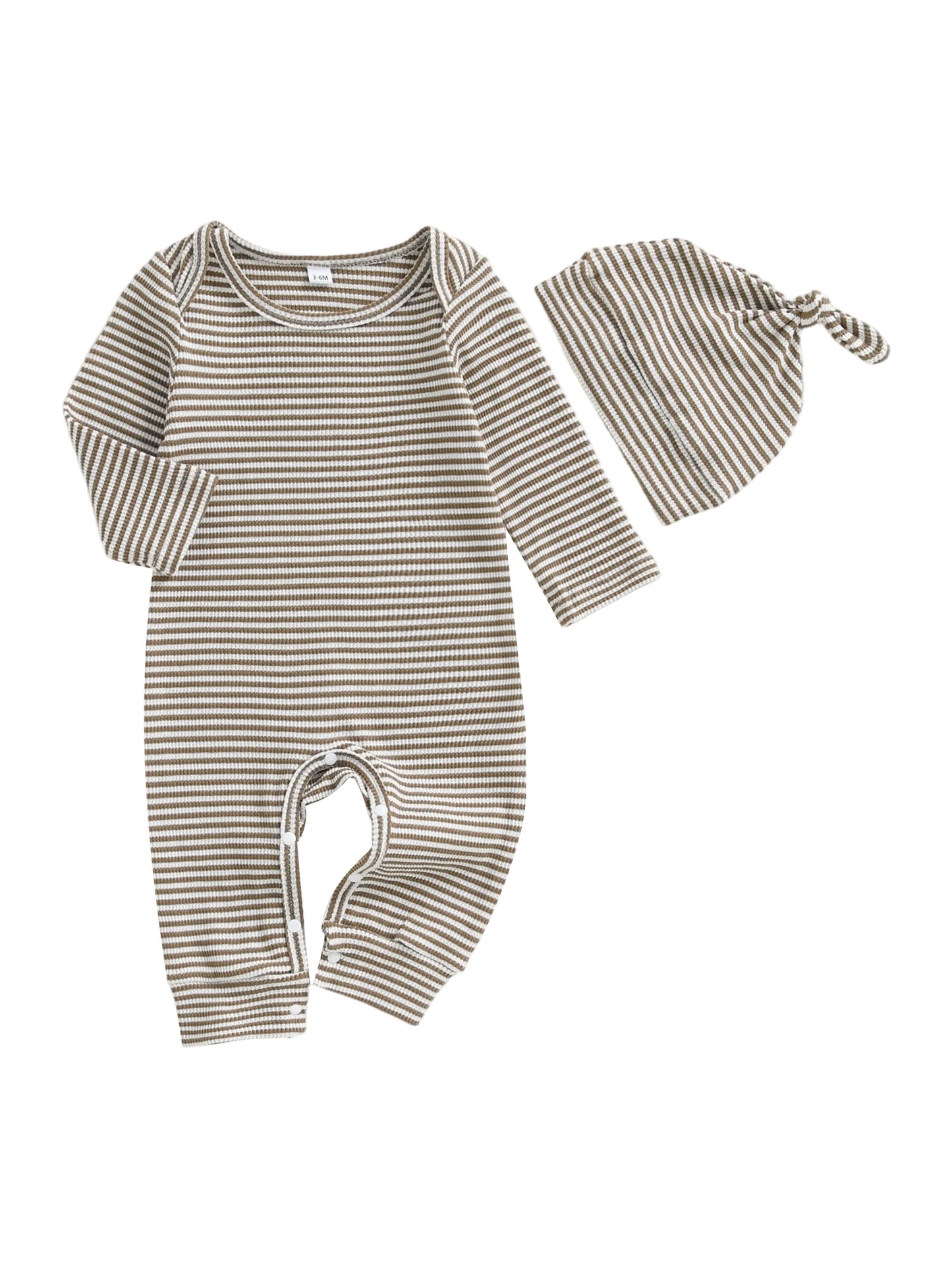 Infant Boy Autumn Striped  with Matching Beanie Set Long Sleeve Round Neck Overall Outfit for Fall