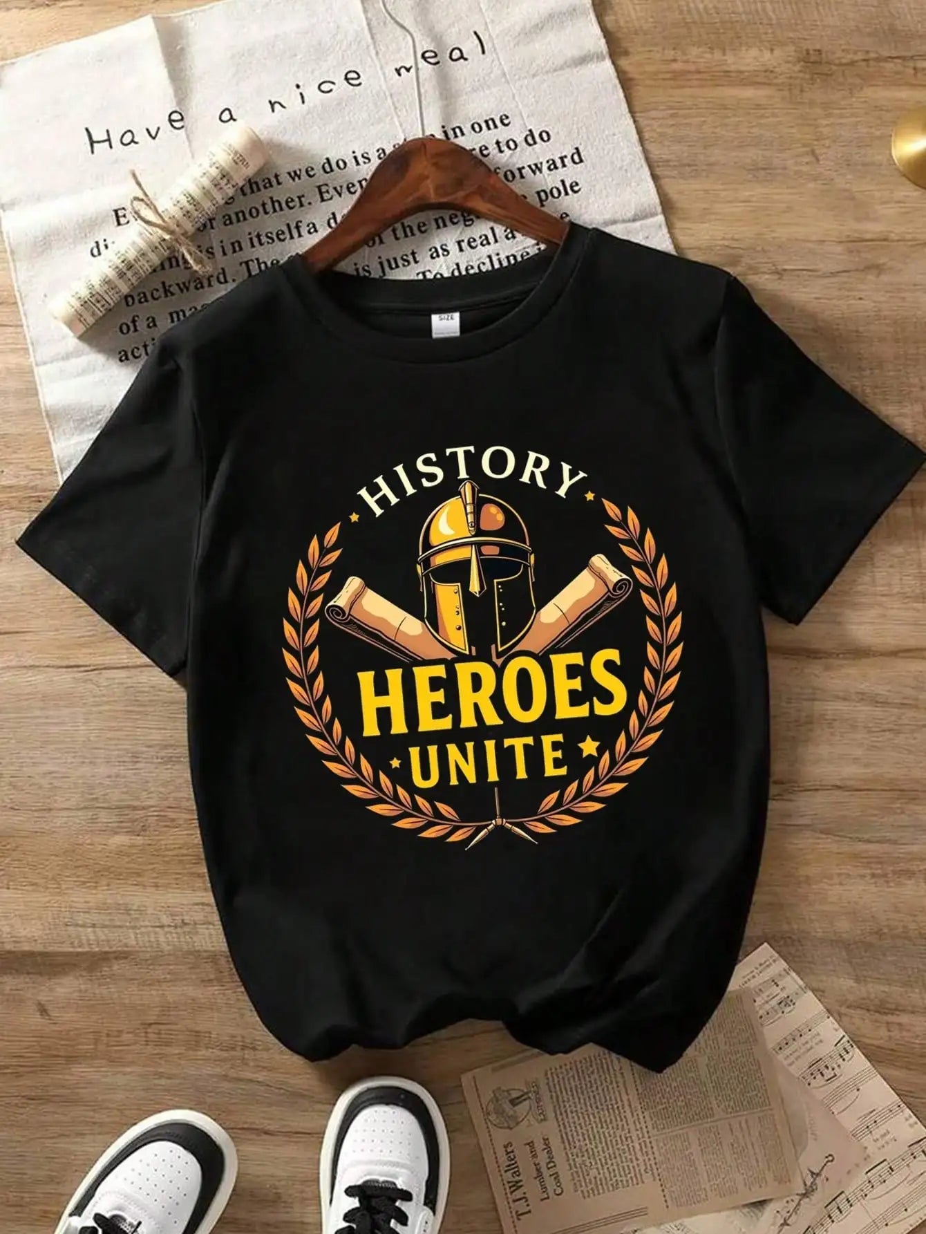 Boys/Girls History Heroes Unite Back To School Cotton Graphic Tees, Black Bold Style Summer Tops With Warrior Helmet Design
