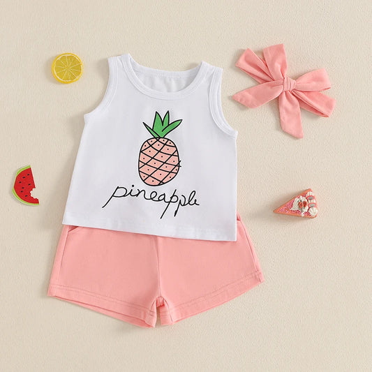 Adorable Infant Girl Tropical Print Sleeveless Top Elastic Waist Shorts Matching Headband 3 Piece Outfit Set for Summer