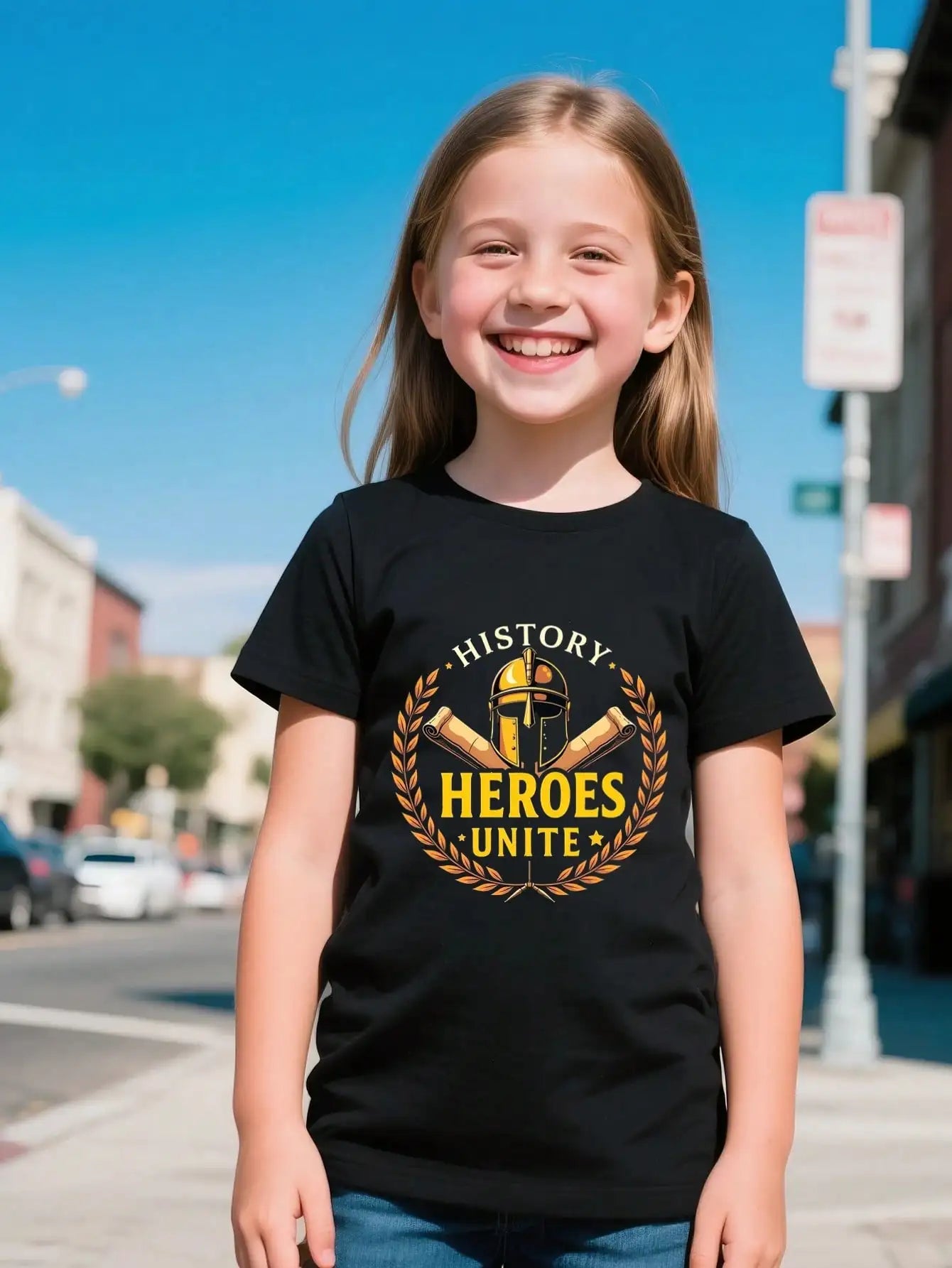 Boys/Girls History Heroes Unite Back To School Cotton Graphic Tees, Black Bold Style Summer Tops With Warrior Helmet Design
