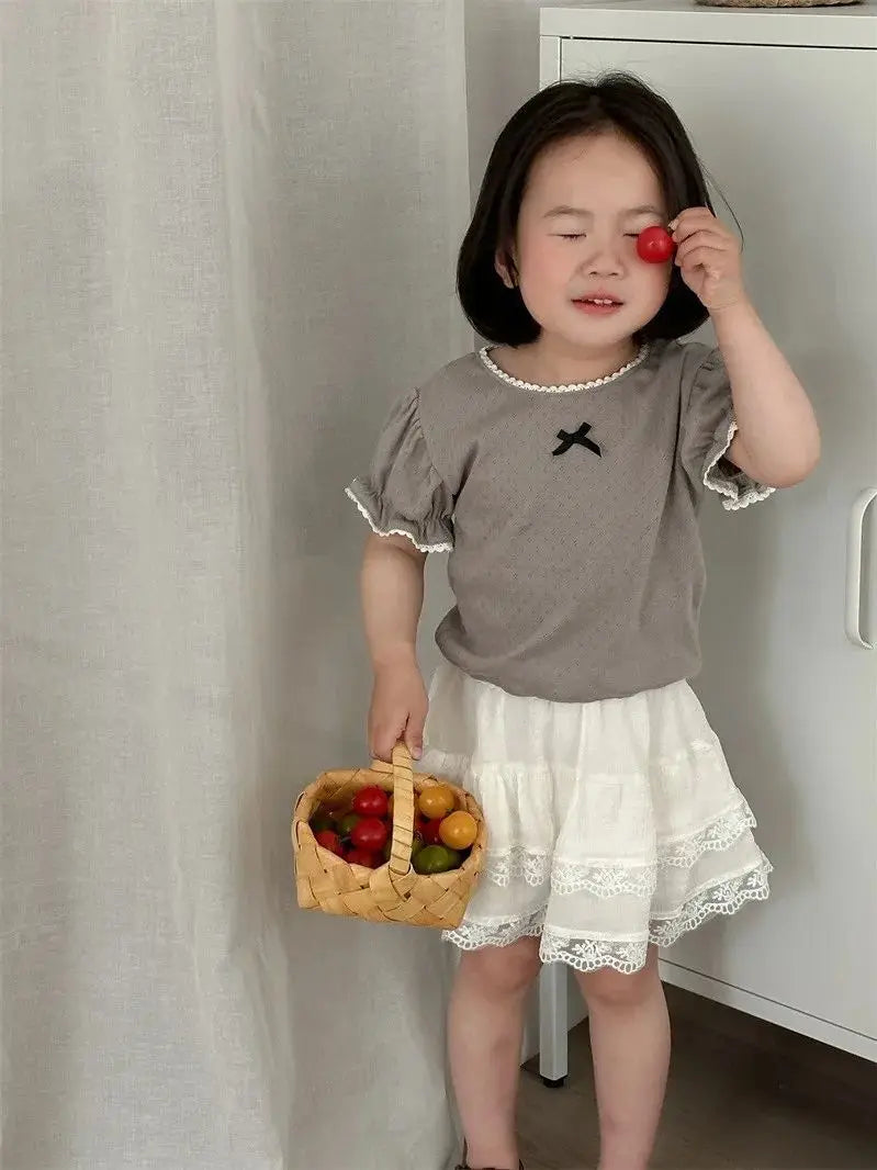 Summer Korean Style Children's Ruffle Hollow Base T-shirt Girls Cotton Sweet Short Sleeve Top Korean Version Kids Clothing