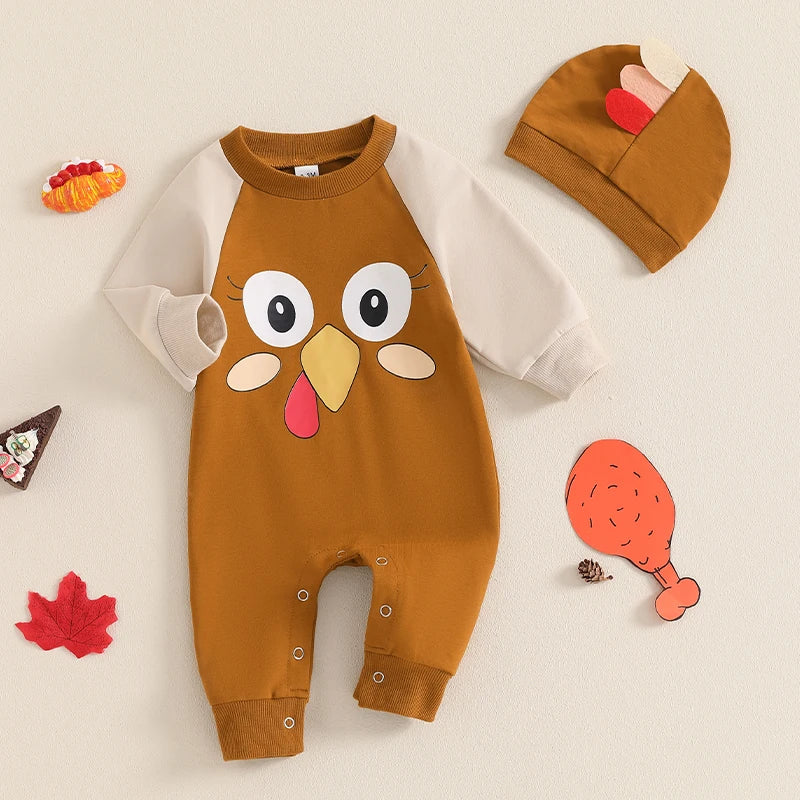 Thanksgiving Baby Boy Girl Outfit Adorable Turkey Print Round Neck Long Sleeve Romper Hat Set for Fall Celebration