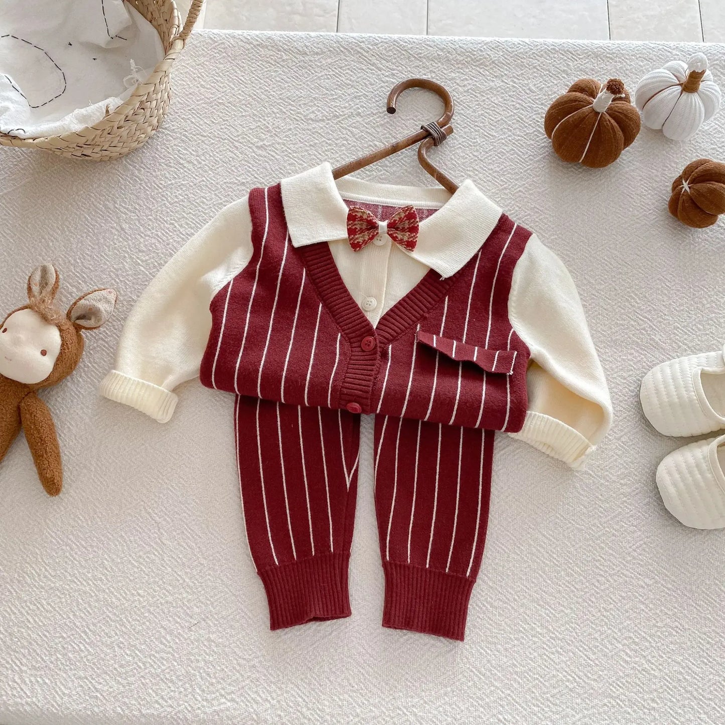 2025 Baby Clothes Toddler Baby Boy Knit Striped 3Pcs Sets 0-2Y Bow Tie Shirt and Pants Gentleman Casual Formal Infant Outfit