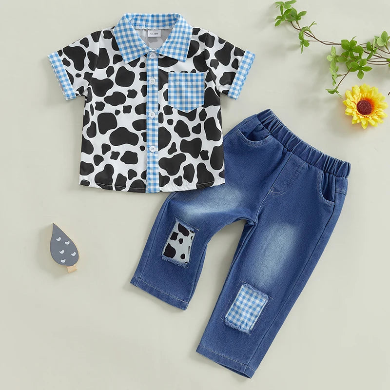 Toddler Boys Casual Outfit Dinosaur Print Short Sleeve T-Shirt and Denim Shorts Set Summer Clothes for Kids