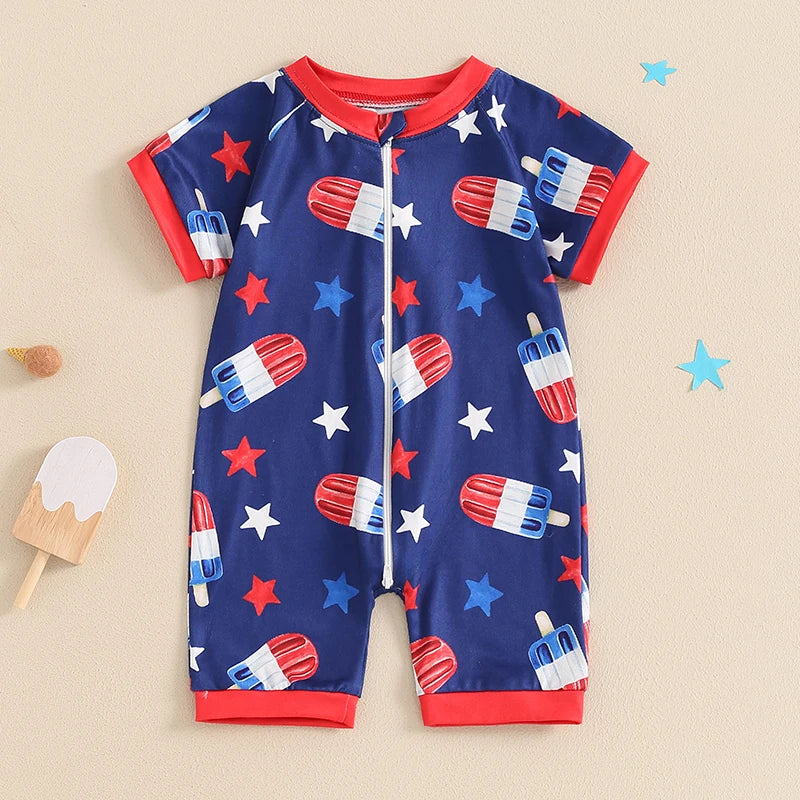 Independence Day Infant Boys Romper American Flag Print Short Sleeve Bodysuit Front Zipper Patriotic Jumpsuit Summer Outfit