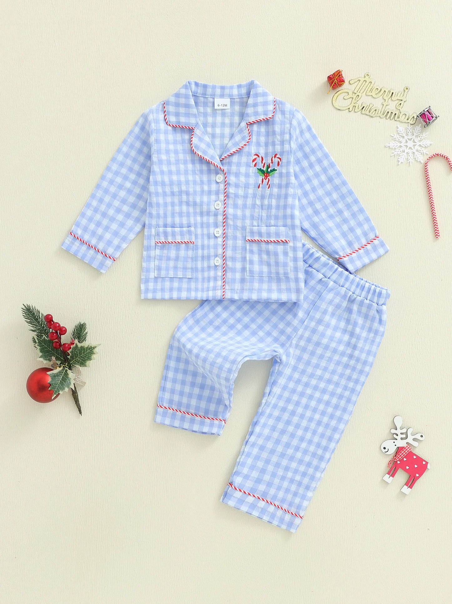 Girls Christmas Pajama Set with Plaid Print Lapel Long Sleeve Button Down Tops and Pants Sleepwear for Toddlers