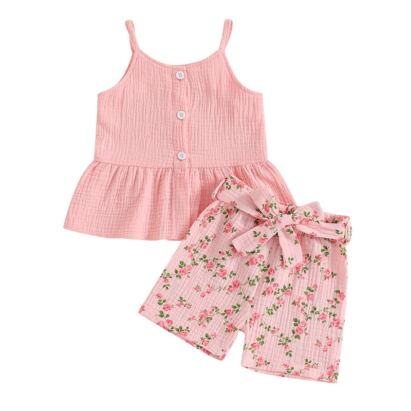 Adorable Baby Girl Sleeveless Top and Shorts Set with Cute Bow Detail and Vibrant Floral Print Perfect for Summer Fun