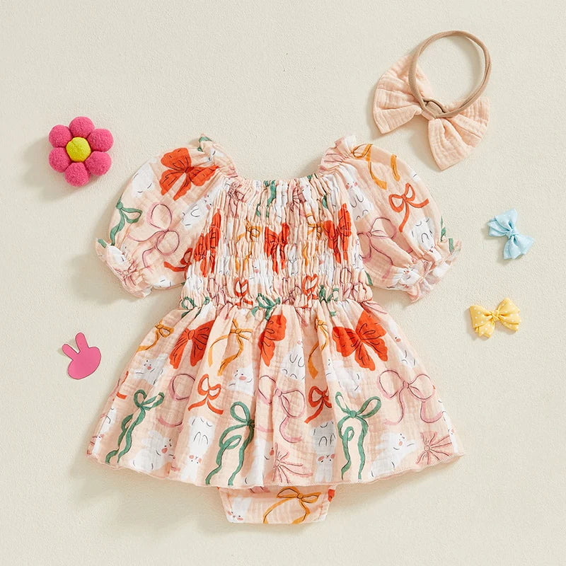 Adorable Toddler Easter Bunny Print Romper Dress Set with Matching Headband and Bow - Short Puff Sleeve Baby Girl Outfit
