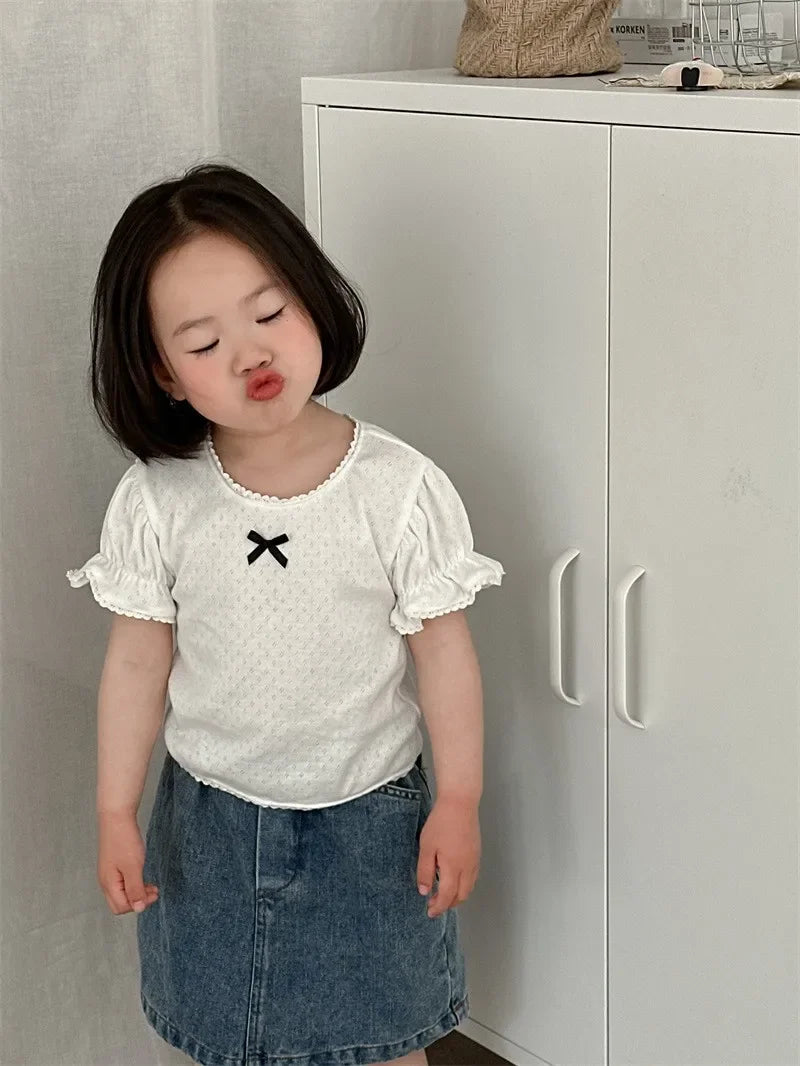 Summer Korean Style Children's Ruffle Hollow Base T-shirt Girls Cotton Sweet Short Sleeve Top Korean Version Kids Clothing