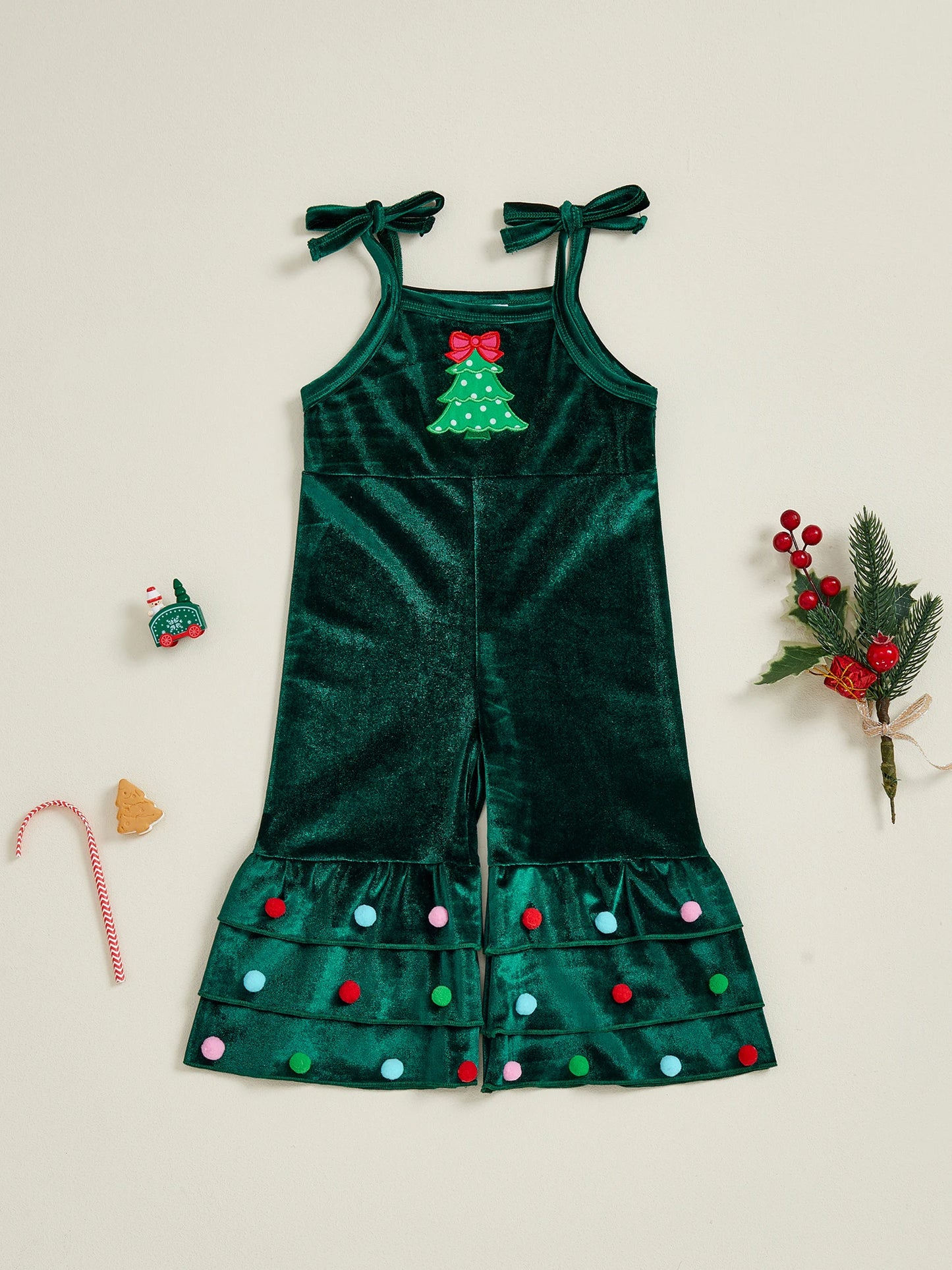 Adorable Girls Velvet Romper with Festive Reindeer Embroidery and Stylish Flared Pants for Christmas Celebrations