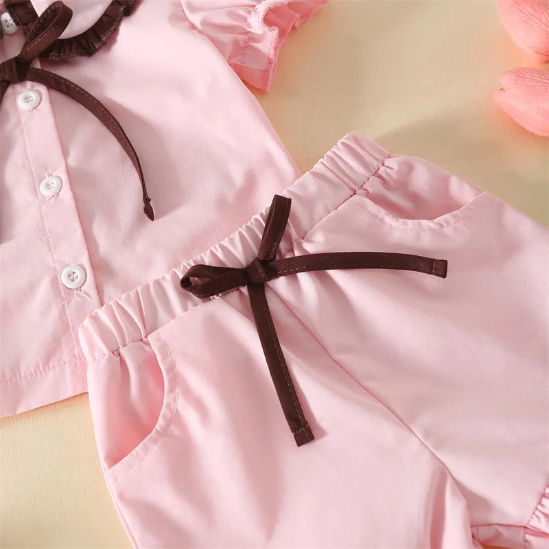 Girls Summer Pajama Set with Cute Doll Collar Short Sleeve Button Down Top and Ruffled Shorts Sleepwear in Vibrant Colors