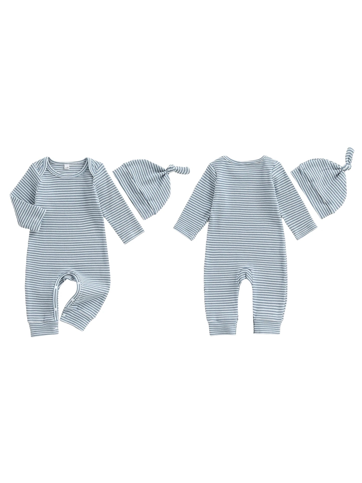 Infant Boy Autumn Striped  with Matching Beanie Set Long Sleeve Round Neck Overall Outfit for Fall