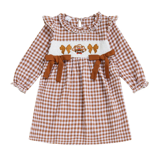 Girls Long Sleeve Crew Neck Plaid Embroidery Turkey Fall Dress Thanksgiving Outfit for Kids Autumn Clothing