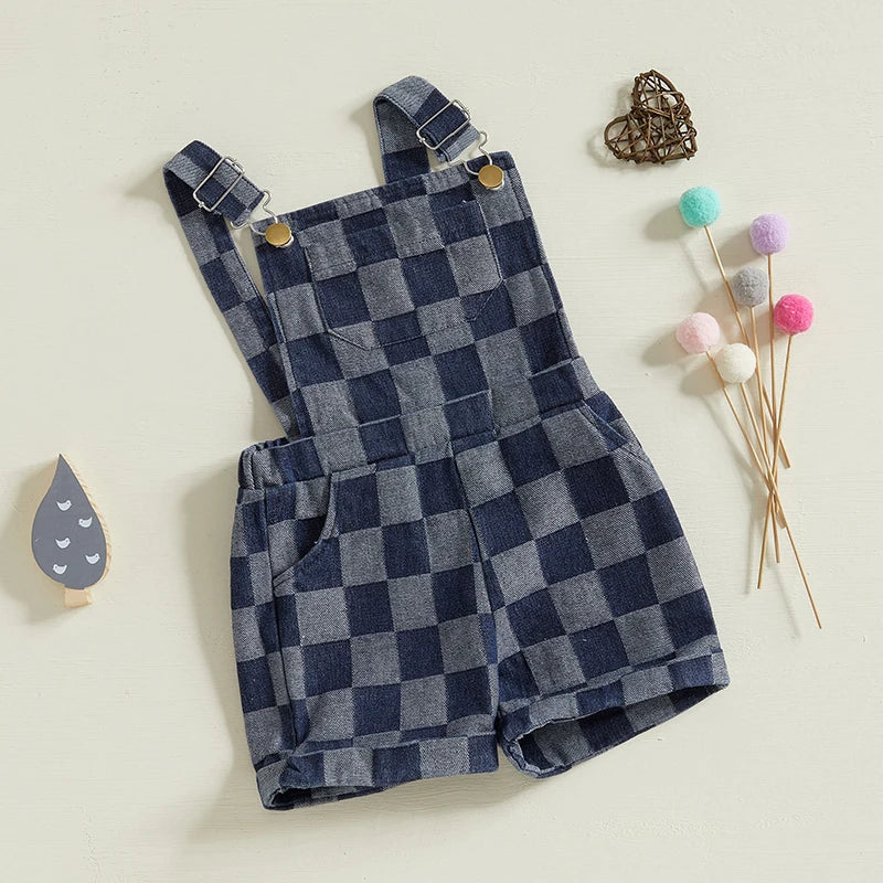 Infant Plaid Print Sleeveless Square Neck Overalls Suspender Shorts Romper for Baby Boys and Girls Toddler