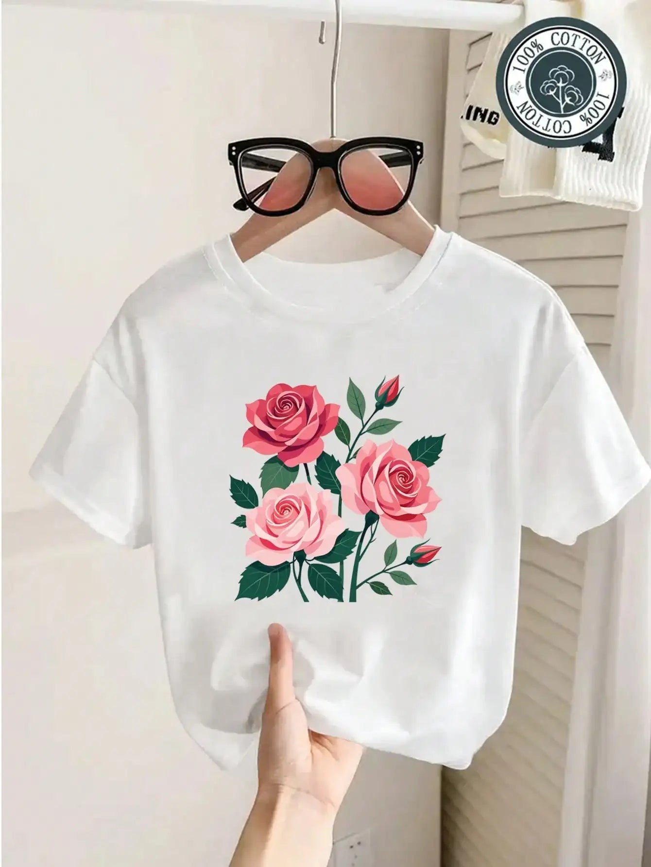 Tween Girls Cotton T-Shirt, White Tee With Rose Pattern Elements, Comfy & Cute Floral Art Print Tops