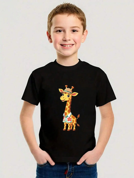 Boys/Girls Summer Giraffe Themed Cotton Graphic Tees, Black Casual Summer Tops With Adorable Giraffe