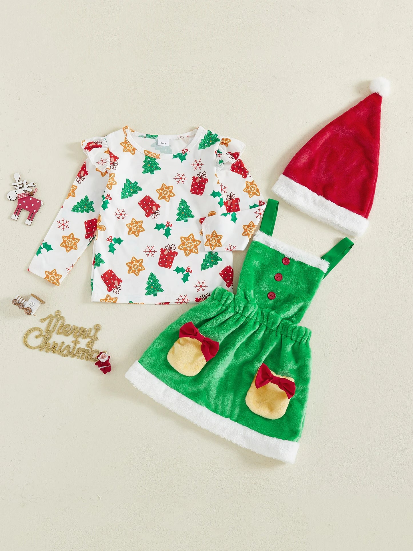 Girls Christmas Outfit Festive Long Sleeve Reindeer Print Top with Cozy Faux Fur Trimmed Skirt Set for Winter Holiday