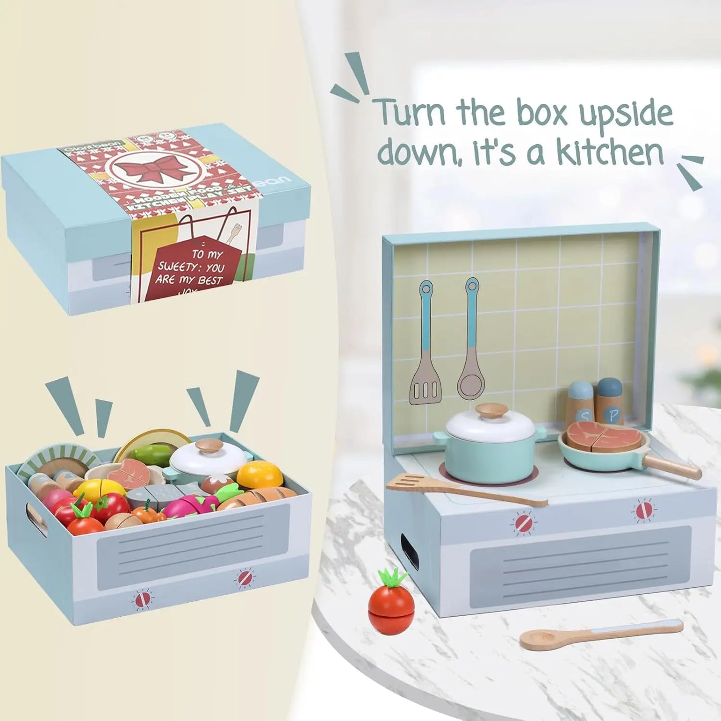 Wooden Play Food Set, Play Kitchen Accessories, 78PCS Pretend PlayCooking Toy, Vegetables Fruits Cutting Toys, Play Dishes