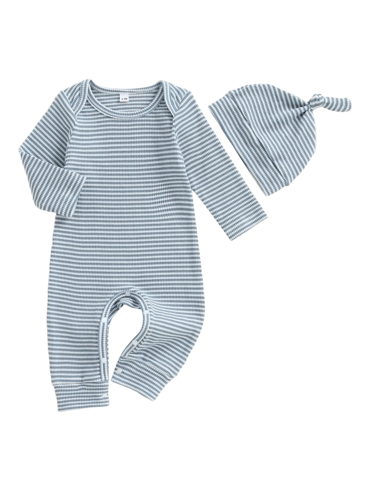 Infant Boy Autumn Striped  with Matching Beanie Set Long Sleeve Round Neck Overall Outfit for Fall