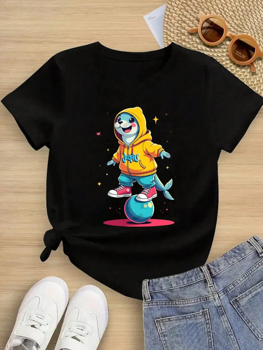 Girls Summer Cartoon Seal In Hoodie Cotton Graphic Tees, Black Casual Summer Tops With Playful Animal Theme