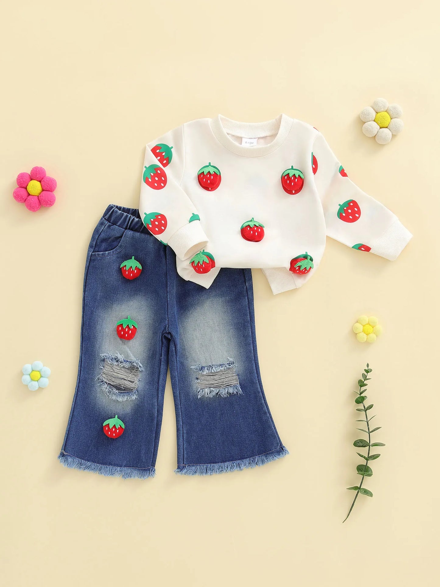 Cute Baby Girl Autumn Clothes 3D Watermelon Print Sweater Distressed Jeans Outfit Set for Toddler Girls