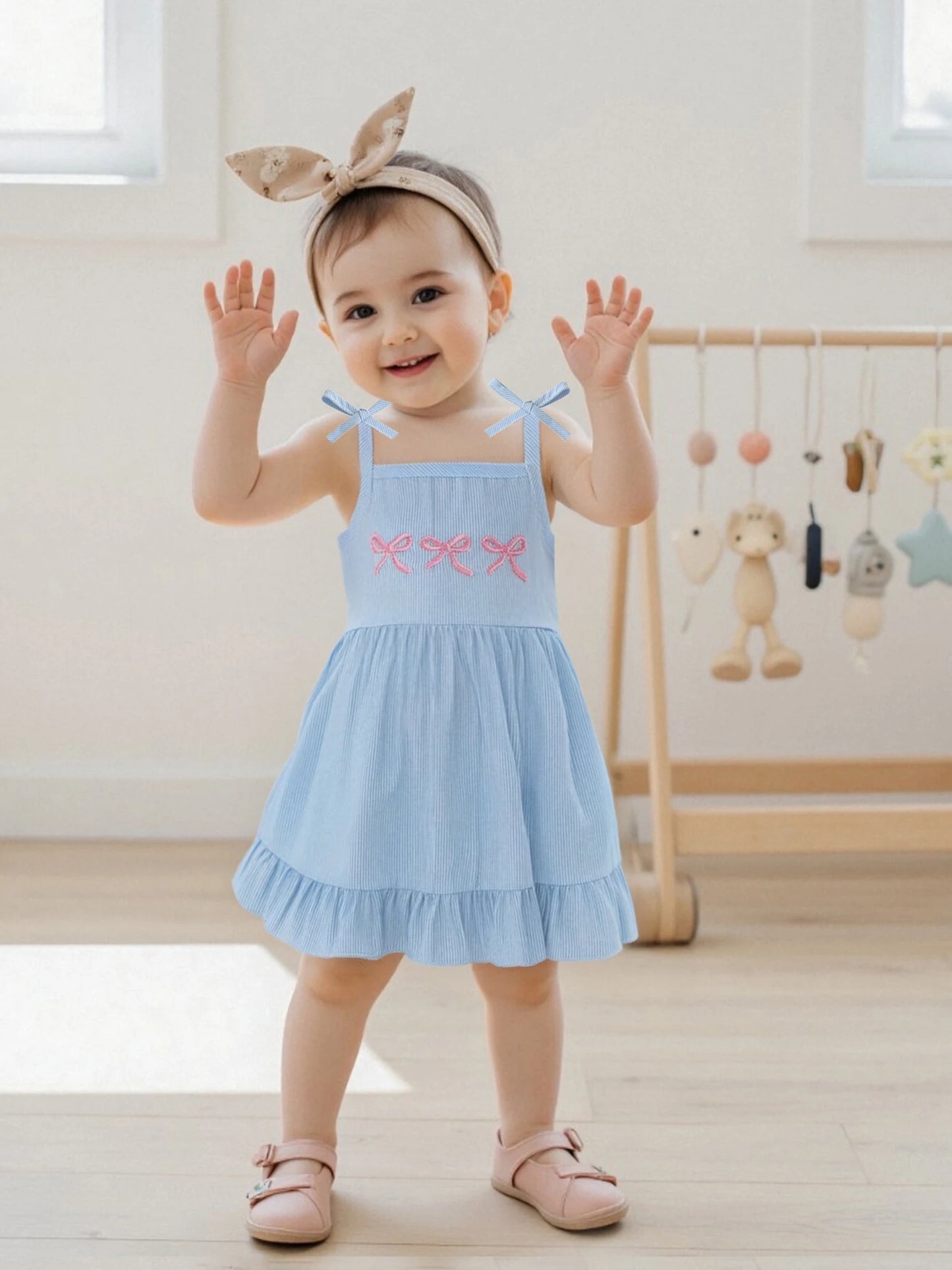 Adorable Baby Girls Floral Print Ruffle Sleeveless Dress Toddler Summer Princess Party Dress with Bow Detail