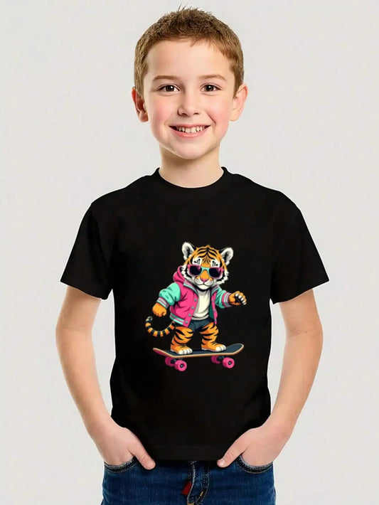 Boys/Girls Summer Skateboard Tiger Graphic Cotton Tees, Black Summer Tops With Cartoon Animal Design